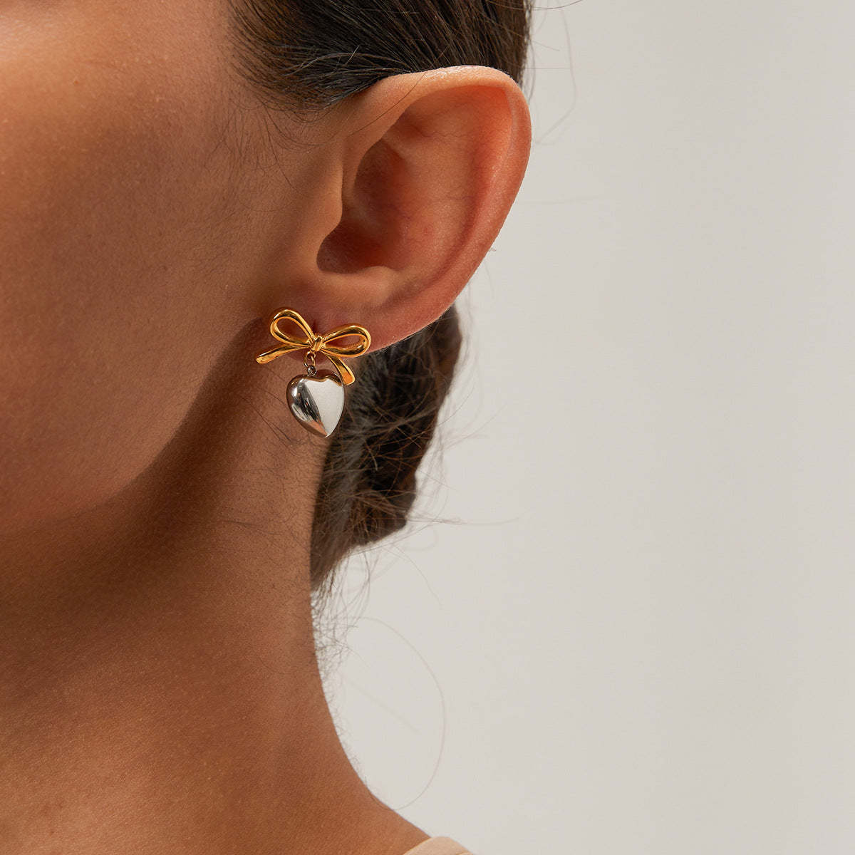 Bow & Heart Glossy Shaped Trendy Elegant 18k Vermeil/White Gold Plated Drop Earrings | Mix Mix Style-Mix MIx Style