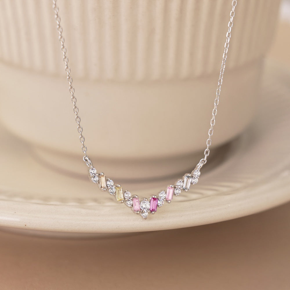 S925 sterling silver color necklace women's high-end trapezoidal rectangular zircon arrangement V-shaped design niche clavicle chain-Mix MIx Style