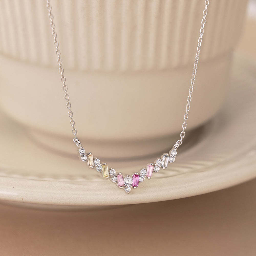 S925 sterling silver color necklace women's high-end trapezoidal rectangular zircon arrangement V-shaped design niche clavicle chain-Mix MIx Style