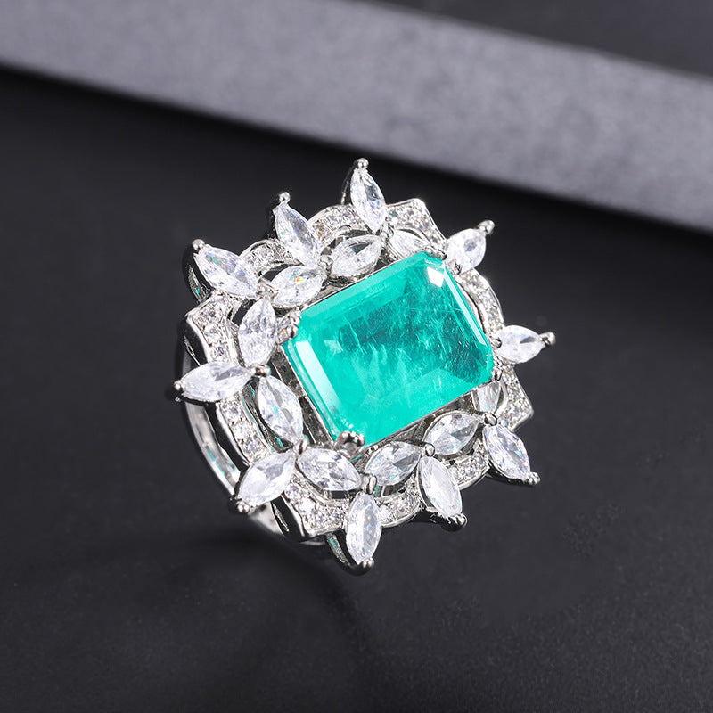 Green Aquamarine Retro Pendant Emerald Cut Diamond Luxury 18k White Gold Plated Necklace Earring Ring Jewelry Set | Mix Mix Style-Mix MIx Style