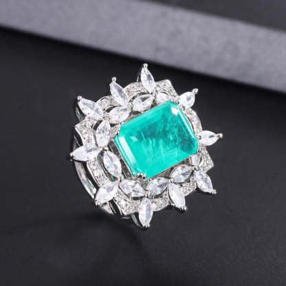 Green Aquamarine Retro Pendant Emerald Cut Diamond Luxury 18k White Gold Plated Necklace Earring Ring Jewelry Set | Mix Mix Style-Mix MIx Style
