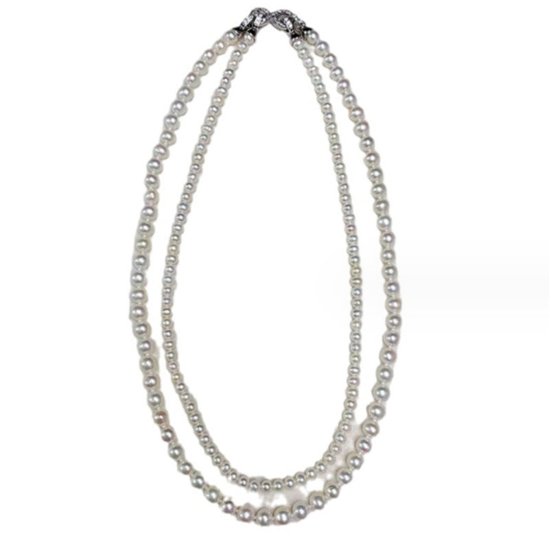 Double-Layer Vintage Retro White Akoya Pearls Elegant 18k Gold Plated Necklace Jewelry Set | Mix Mix Style-Mix MIx Style