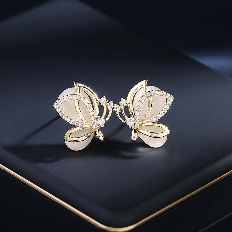 s925 silver needle niche temperament fashion high-end new earrings super fairy sweet temperament cat's eye stone butterfly earrings-Mix MIx Style