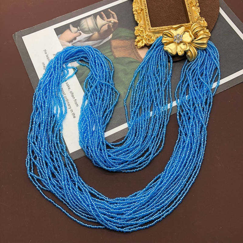 Blue Multi-Layer Beads Vintage Retro Flower Pendant Luxury 18k Vermeil Gold Plated Necklace Jewelry | Mix Mix Style-Mix MIx Style