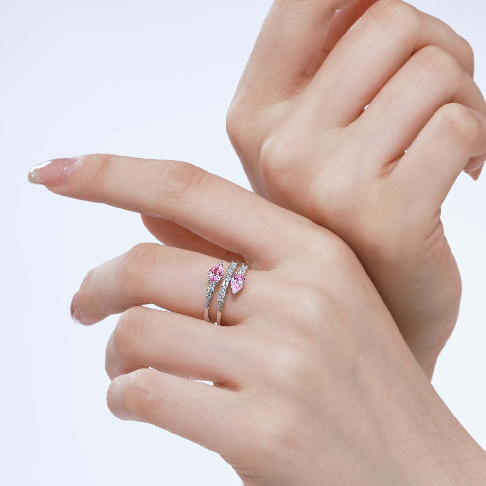 Three Way Pink Pear Cut Moissanite Diamonds 18k White Gold Plated Engagement Ring | Mix Mix Style-Mix MIx Style