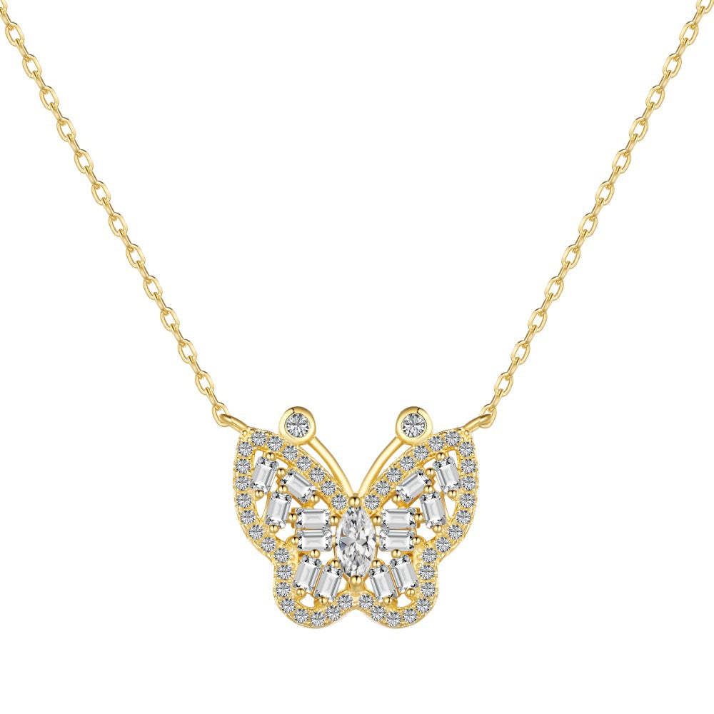 S925 sterling silver butterfly necklace women's marquise-shaped rectangular inlaid butterfly design exquisite clavicle chain neck accessories-Mix MIx Style