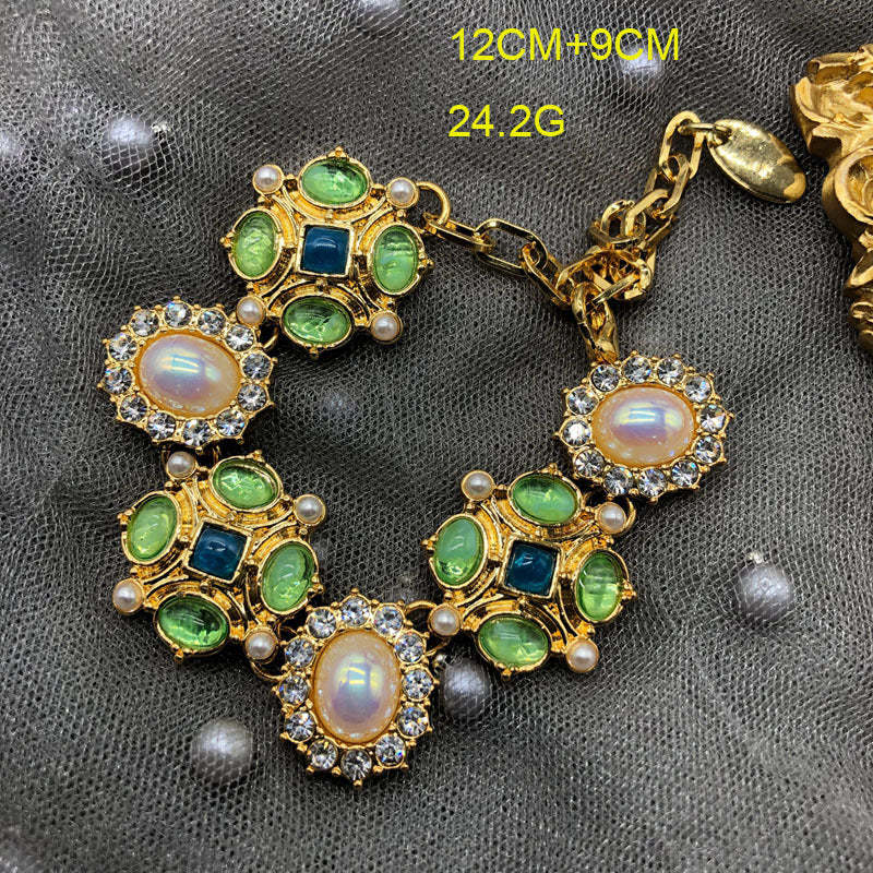 Green Flower Retro Akoya Pearls & Diamonds Luxurious 18k Gold Plated Necklace Bracelet Jewelry Set | Mix Mix Style-Mix MIx Style
