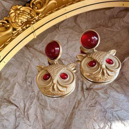 Owl Bird Shaped Timeless Red Round Moissanite Diamonds 18k Vermeil Gold Plated Drop Earrings | Mix Mix Style-Mix MIx Style