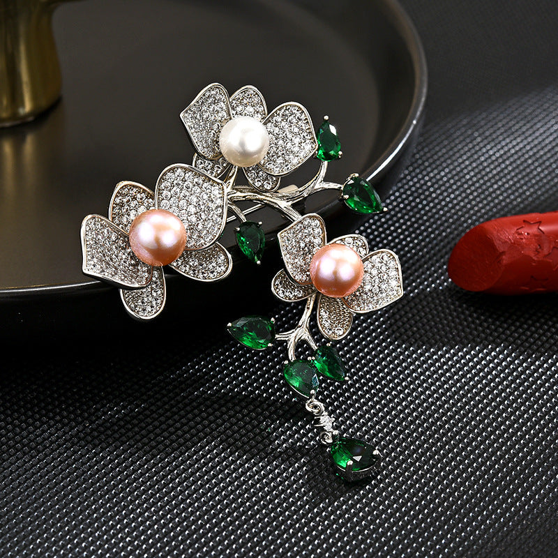 Butterfly orchid tassel brooch female light luxury natural pearl fashion versatile suit pin elegant luxury gift-Mix MIx Style