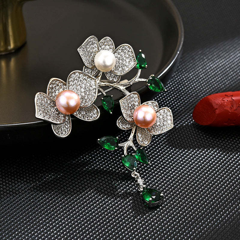 Butterfly orchid tassel brooch female light luxury natural pearl fashion versatile suit pin elegant luxury gift-Mix MIx Style