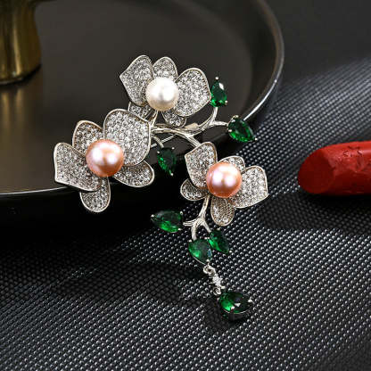 Butterfly orchid tassel brooch female light luxury natural pearl fashion versatile suit pin elegant luxury gift-Mix MIx Style