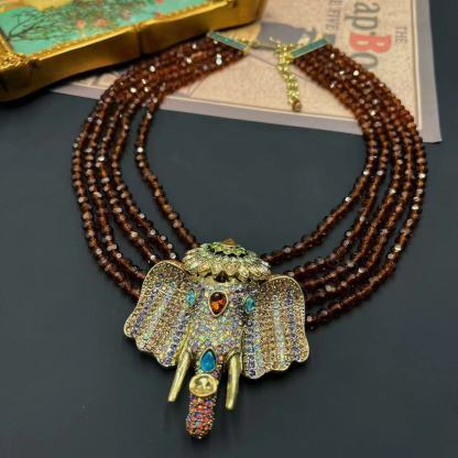 Brown Multilayer Beads Vintage Elephant Pendant Micro Diamonds Luxury 18k Gold Plated Necklace Earrings Jewelry Set | Mix Mix Style-Mix MIx Style