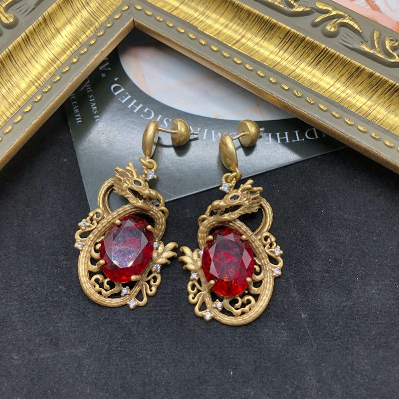 Dragon 3D Shaped Red Oval Moissanite Diamonds Luxury 18k Vermeil Gold Plated Drop Earrings | Mix Mix Style-Mix MIx Style