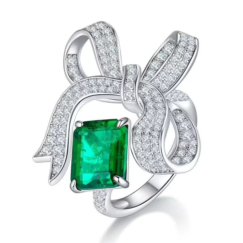 Fashion Green Bow Emerald Cut Moissanite Diamond 3ct 18k White Gold Engagement Ring | Mix Mix Style-Mix MIx Style