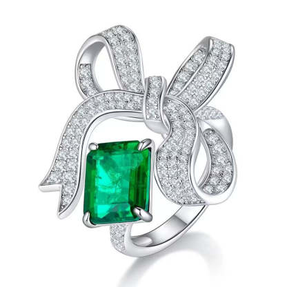 Fashion Green Bow Emerald Cut Moissanite Diamond 3ct 18k White Gold Engagement Ring | Mix Mix Style-Mix MIx Style