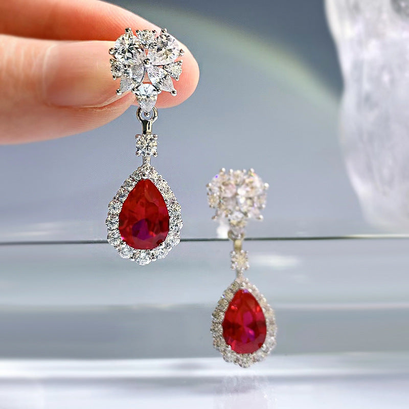 Red Dazzling Pear Cut Moissanite Diamonds Luxury 18k White Gold Plated Drop Earrings | Mix Mix Style-Mix MIx Style