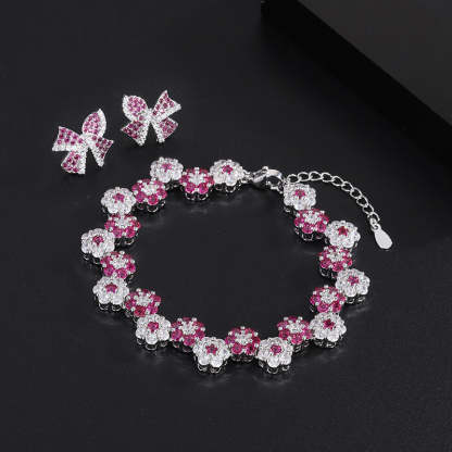 Pink & White Flowers Vintage Pendant Diamonds Luxury 18k White Gold Plated Earrings Bracelet Jewelry Set | Mix Mix Style-Mix MIx Style