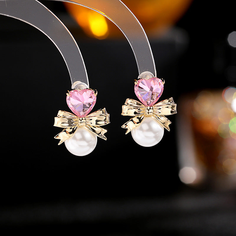 Simple and versatile temperament sweet girl heart earrings s925 silver needle earrings trendy heart-shaped pearl bow earrings-Mix MIx Style