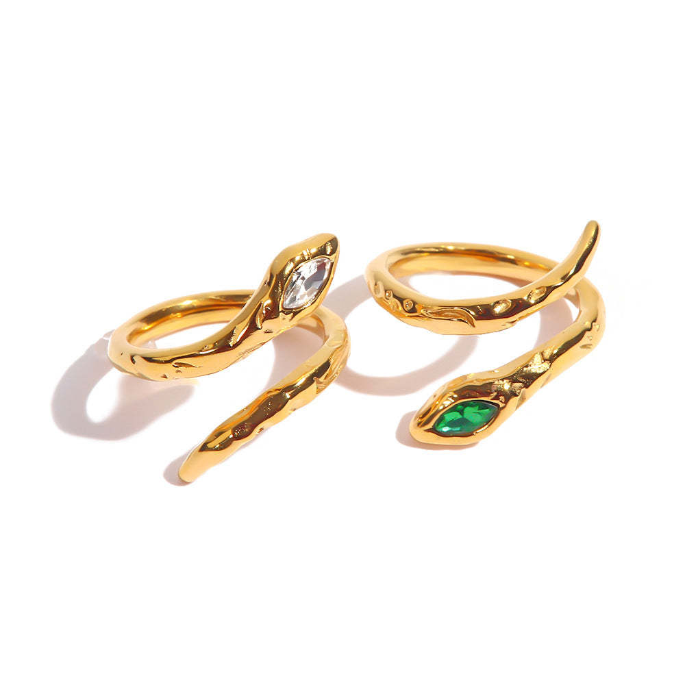 Niche design titanium steel index finger ring light luxury ins trend cold style lava snake-shaped opening inlaid with white/green diamond ring-Mix MIx Style