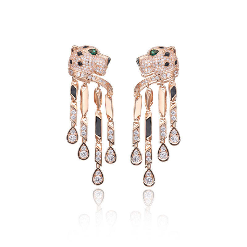 Foreign trade cross-border new leopard head earrings gold-plated oil drip personality exaggerated burning blue black flower ladies cheetah tassel earrings-Mix MIx Style