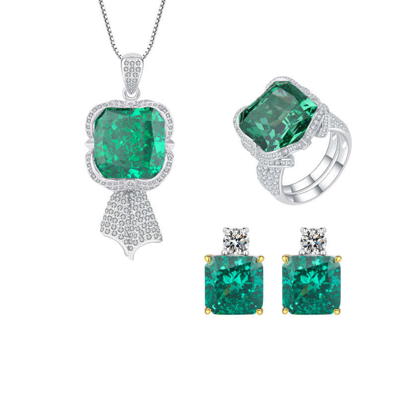 S925 Silver Hot Selling High Carbon Diamond Radiant Cut Emerald Pendant Ring 14*14 Earrings 10*10 Women's Set-Mix MIx Style