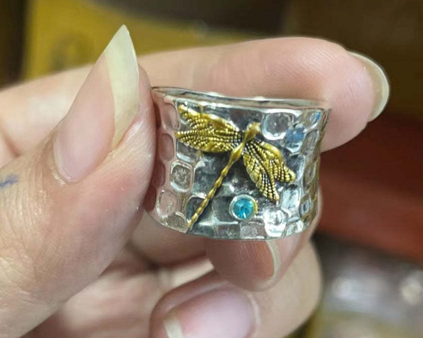Dragonfly 3D Retro Trendy Blue 18k White Gold Plated Vintage Thick Rin