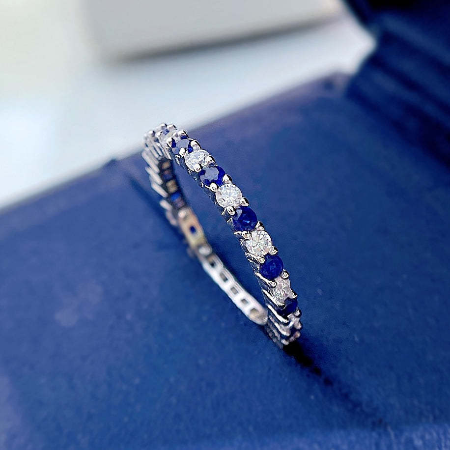 Colorful Dainty Round Cut Moissanite Diamonds Row 18k White Gold Engagement Band Ring | Mix Mix Style-Mix MIx Style