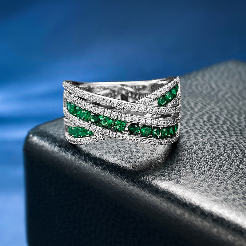 Multi-Row Green Round Cut Moissanite Diamonds 18k White Gold Love Engagement Ring | Mix Mix Style-Mix MIx Style