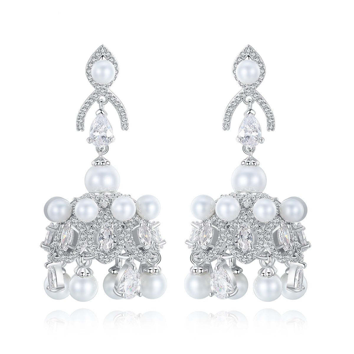 Jinse European and American fashion wind chime-shaped personalized women's earrings pearl tassel zircon earrings one piece-Mix MIx Style