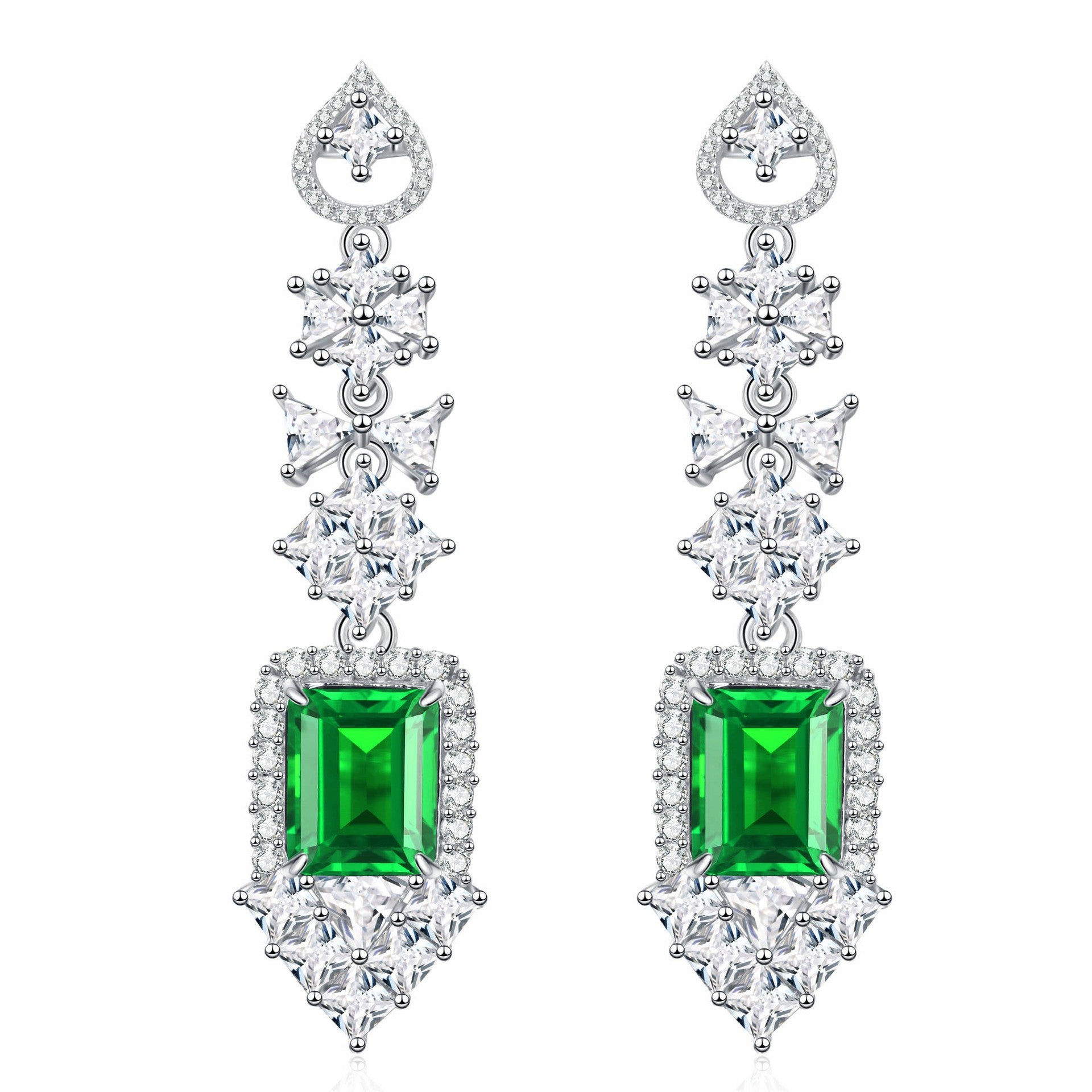 Green & White Embellished Emerald Moissanite Diamonds Elegant 18k White Gold Plated Drop Earrings | Mix Mix Style-Mix MIx Style