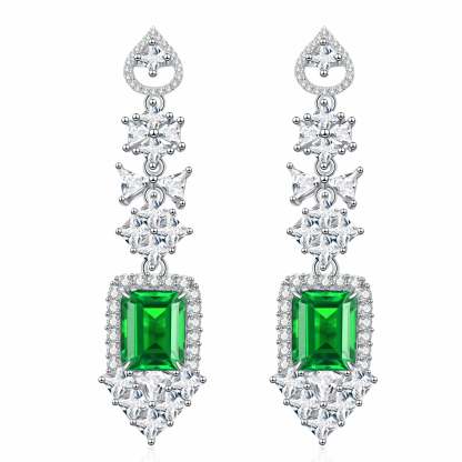 Green & White Embellished Emerald Moissanite Diamonds Elegant 18k White Gold Plated Drop Earrings | Mix Mix Style-Mix MIx Style