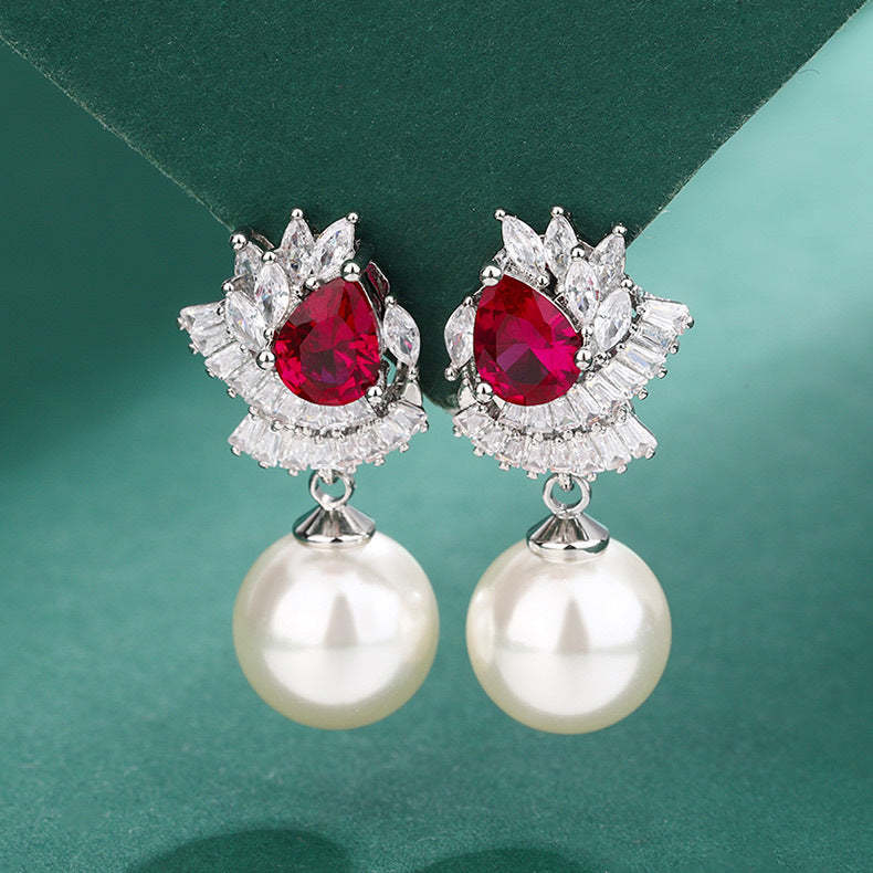 Huayoumei jewelry high-end earrings inlaid with zircon pearl earrings European and American imitation natural pearl earrings silver needles-Mix MIx Style