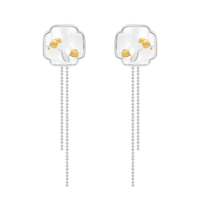 Wusikaoshi S925 sterling silver original design new Chinese style bird lotus cloud window white shell tassel earrings-Mix MIx Style