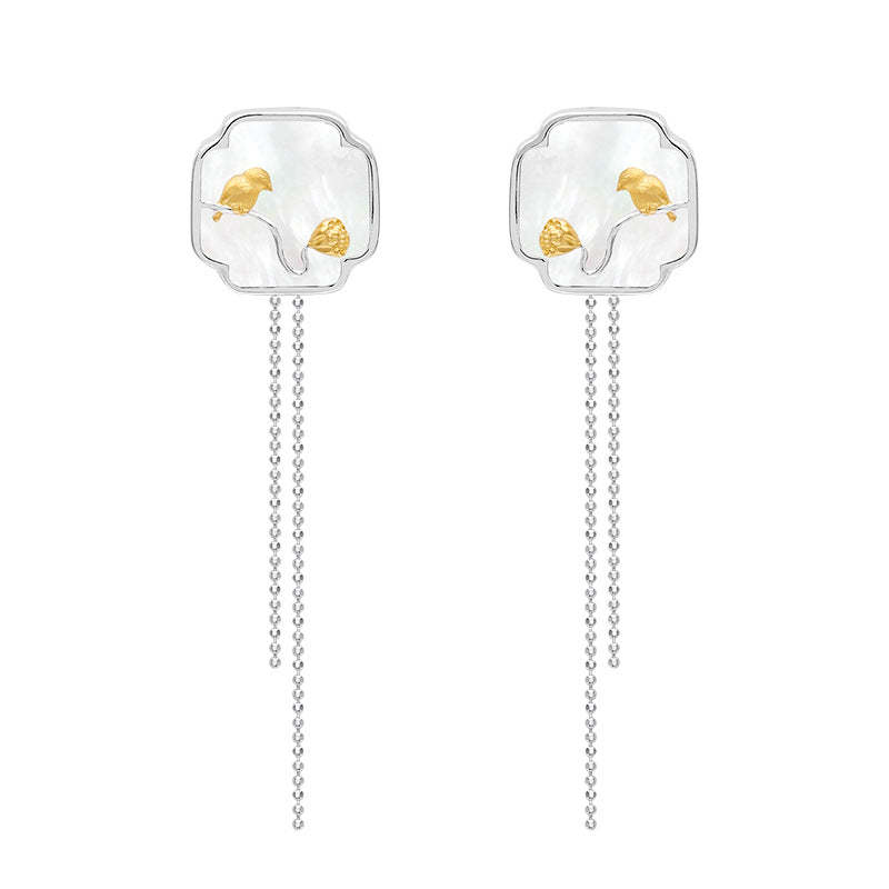 Wusikaoshi S925 sterling silver original design new Chinese style bird lotus cloud window white shell tassel earrings-Mix MIx Style