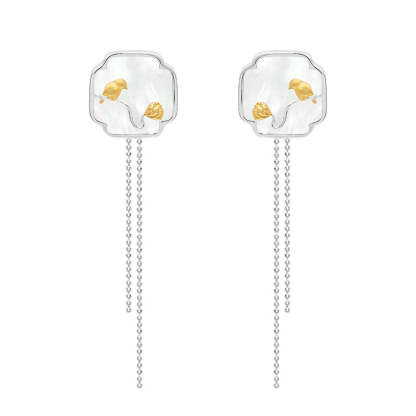 Wusikaoshi S925 sterling silver original design new Chinese style bird lotus cloud window white shell tassel earrings-Mix MIx Style