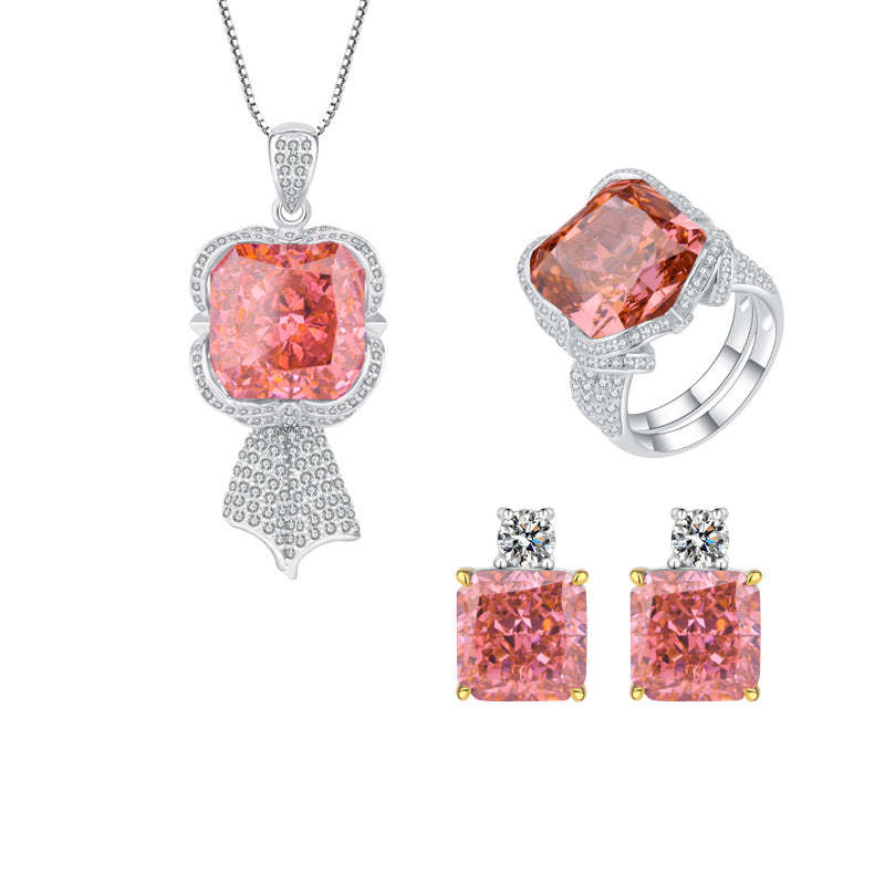 S925 Silver Hot Selling High Carbon Diamond Radiant Cut Padparadscha Pendant Ring 14*14 Earrings 10*10 Set-Mix MIx Style