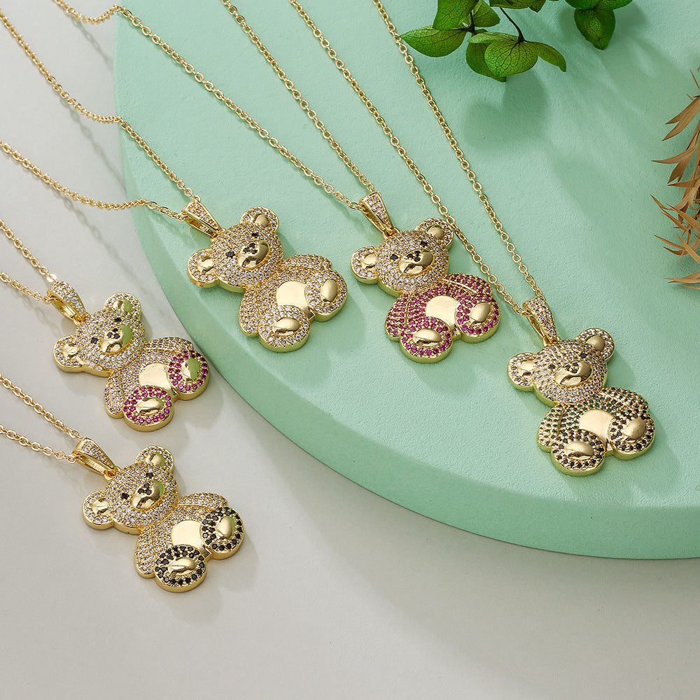 Teddy Bear Vintage Pendant Pink Diamonds Luxury 18k Vermeil Gold Plated Necklace Jewelry | Mix Mix Style-Mix MIx Style
