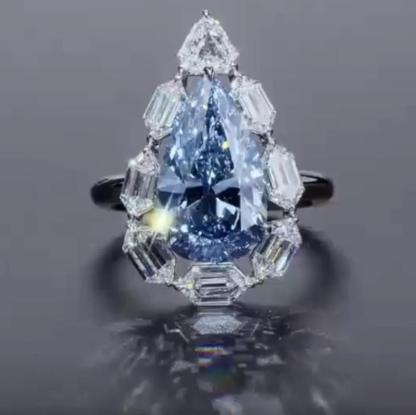 Blue Pear Cut Moissanite Diamond 18k White Gold Plated Engagement Ring | Mix Mix Style-Mix MIx Style