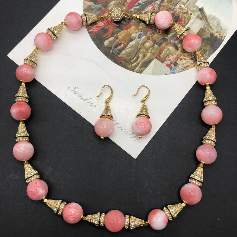 Pink Round Beads Retro Classic Luxury 18k Vermeil Gold Plated Necklace Earrings Jewelry Set | Mix Mix Style-Mix MIx Style