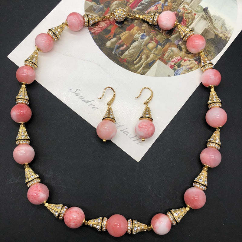 Pink Round Beads Retro Classic Luxury 18k Vermeil Gold Plated Necklace Earrings Jewelry Set | Mix Mix Style-Mix MIx Style