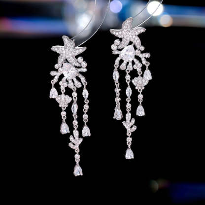 s925 silver needle European and American style light luxury high-end earrings wholesale coral shell starfish water drop long tassel earrings-Mix MIx Style