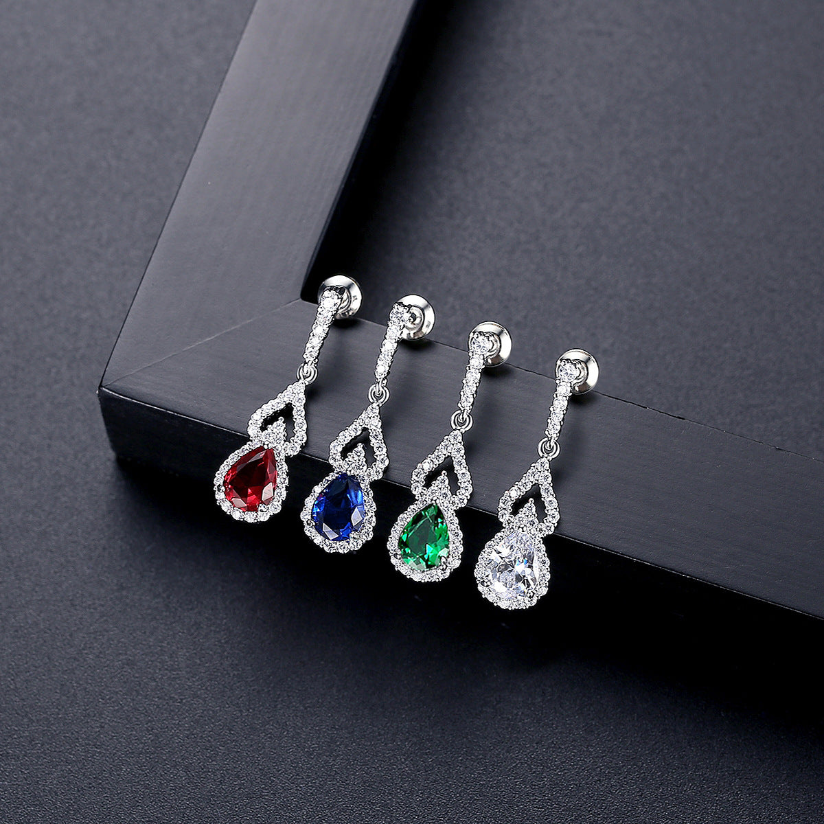 Green - Red - Blue Classic Pear Cut Moissanite Diamonds Elegant 18k White Gold Plated Vintage Retro Drop Earrings | Mix Mix Style-Mix MIx Style