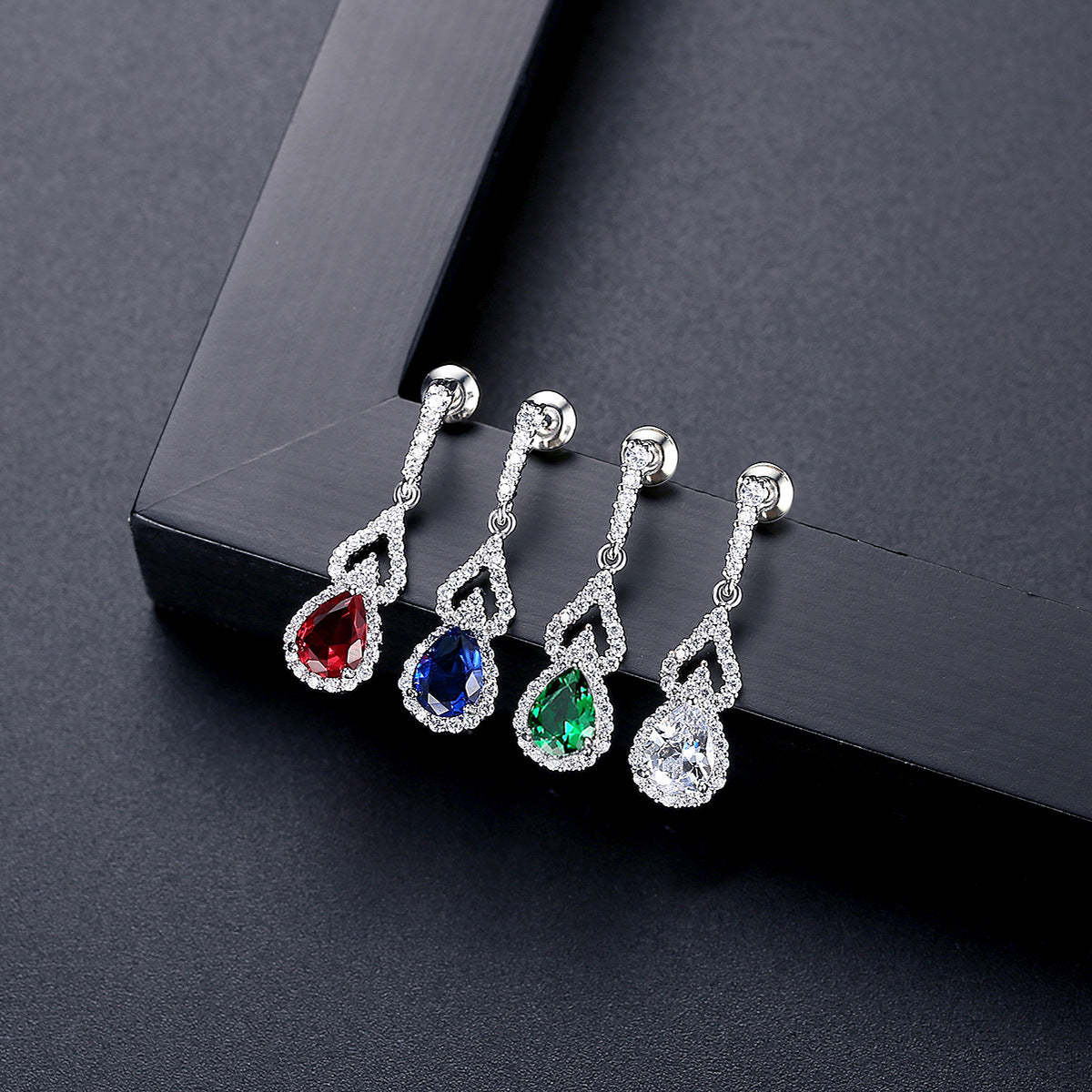 Green - Red - Blue Classic Pear Cut Moissanite Diamonds Elegant 18k White Gold Plated Vintage Retro Drop Earrings | Mix Mix Style-Mix MIx Style