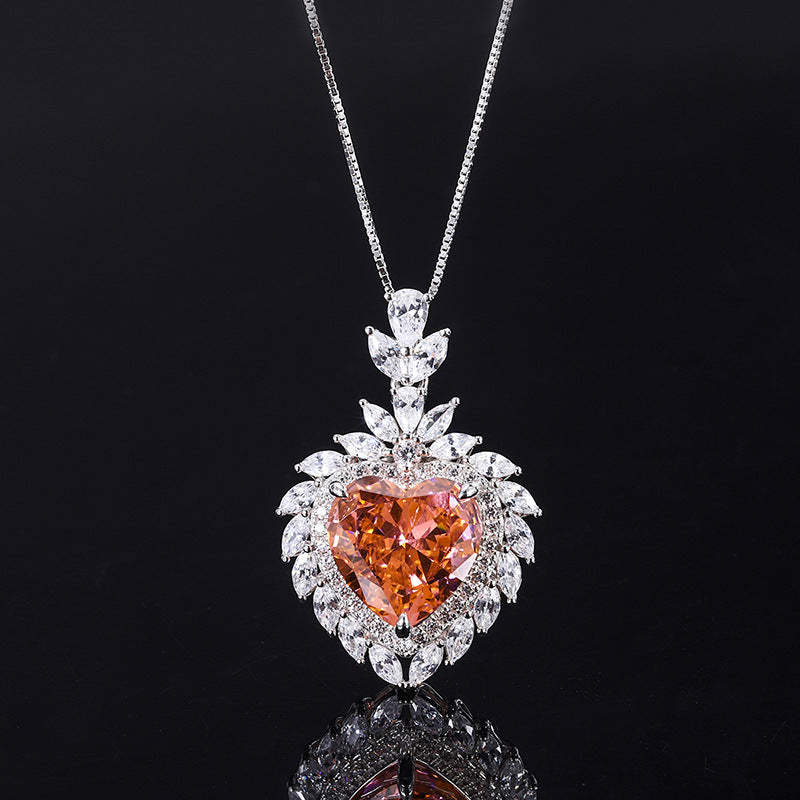 Douyin's best-selling style, elegant and dignified high-carbon diamond ring Padparadscha heart-shaped ring pendant set S925 silver-Mix MIx Style
