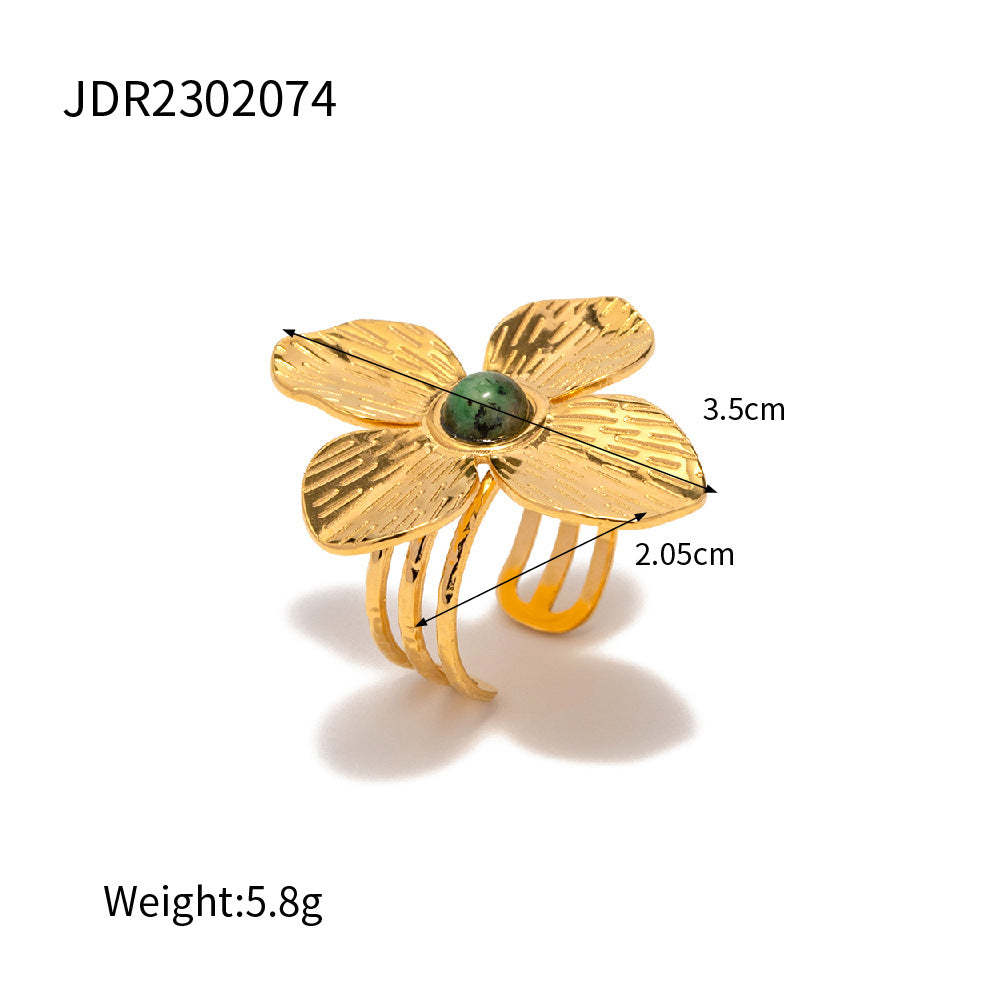French court style dull four-petal exaggerated inlaid African turquoise open ring high-end design ring-Mix MIx Style