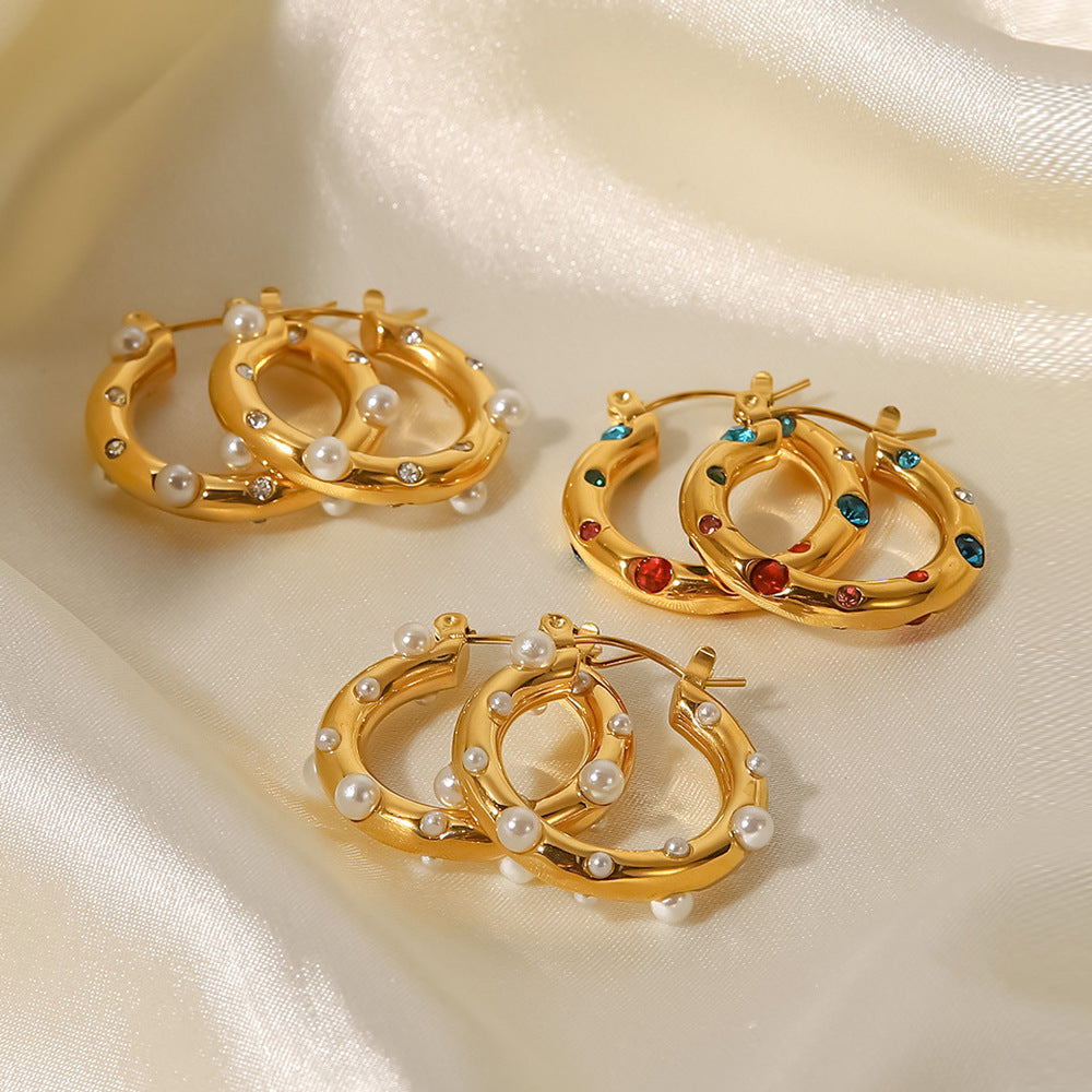 18K Gold Plated Pearl and Moissanites Hoop Earrings | Mix Mix Style [Hot Seller]-Mix MIx Style