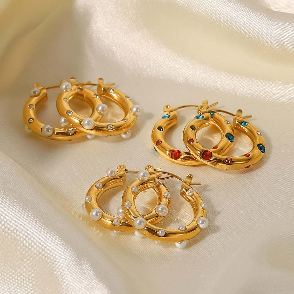 18K Gold Plated Pearl and Moissanites Hoop Earrings | Mix Mix Style [Hot Seller]-Mix MIx Style