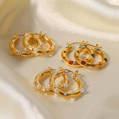 18K Gold Plated Pearl and Moissanites Hoop Earrings | Mix Mix Style [Hot Seller]-Mix MIx Style