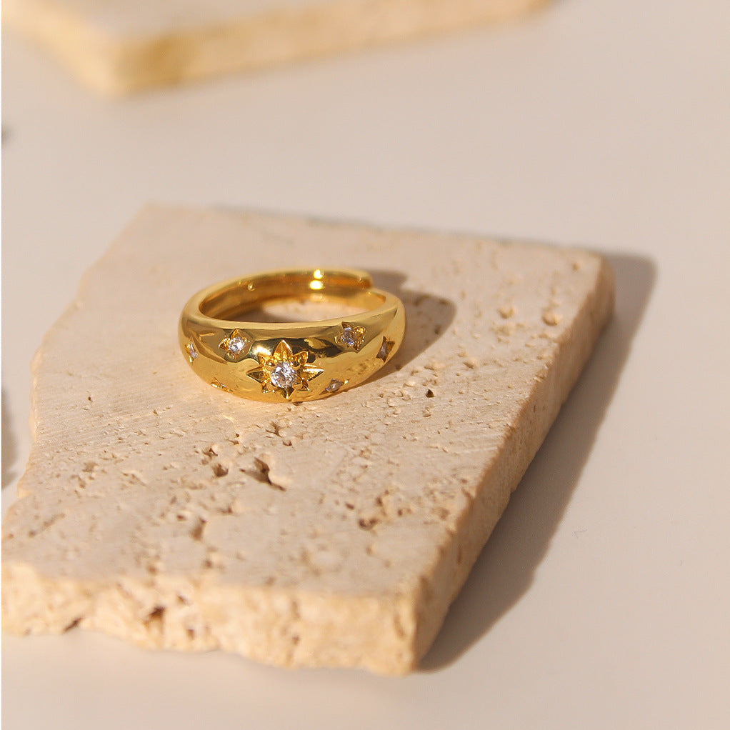 Vintage Style Star Centre White Diamond Elegant Dainty 18k Vermeil Gold Plated Ring Jewelry | Mix Mix Style-Mix MIx Style
