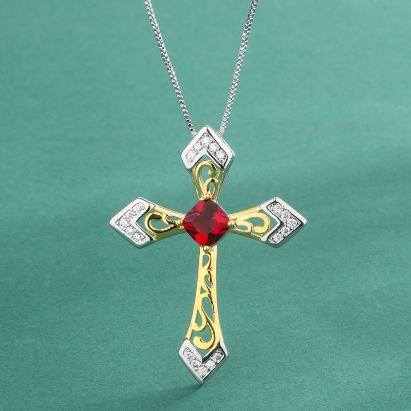 Red Retro Cross Pendant Cushion Cut Diamond Luxury 18k Gold Plated Necklace Jewelry | Mix Mix Style-Mix MIx Style